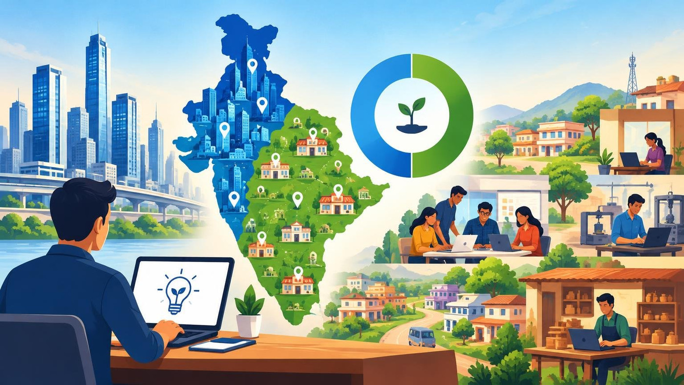 AI-generated illustration: the story "Nearly Half of Recognised Startups Now in Tier-2, Tier-3 Cities: PM Modi"