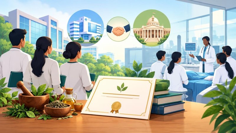 AI-generated illustration: the story "New six-month clinical certificates launched for Ayush graduates"