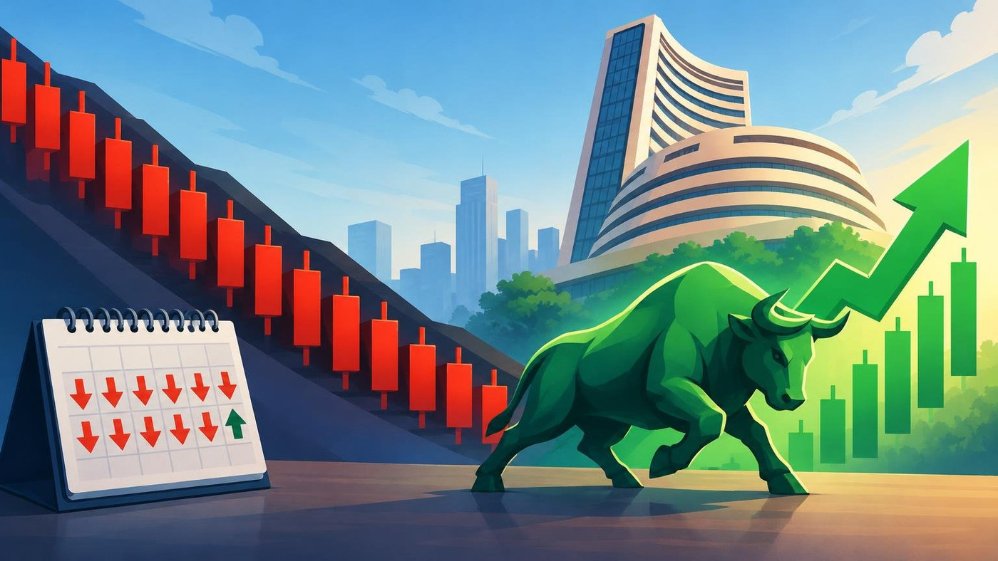 AI-generated illustration: the story "Nifty snaps eight-week losing streak, its longest since 2001, with 0.4% gain"
