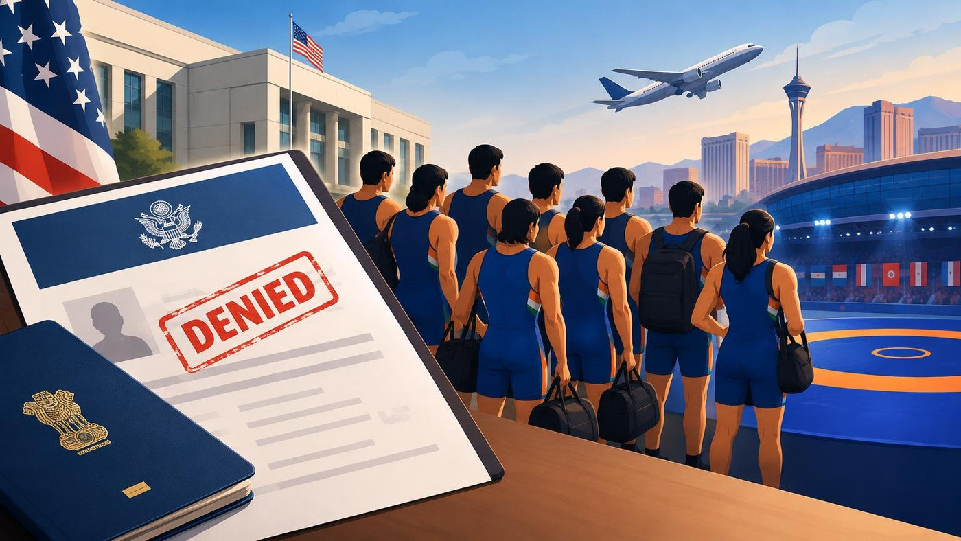 AI-generated illustration: the story "Nine Indian Wrestlers Denied US Visas Before U23 World Championships"