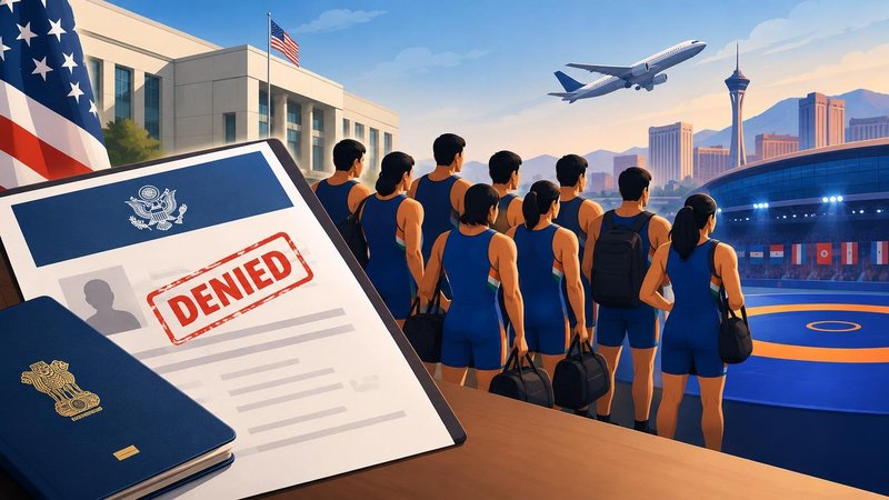 AI-generated illustration: the story "Nine Indian Wrestlers Denied US Visas Before U23 World Championships"