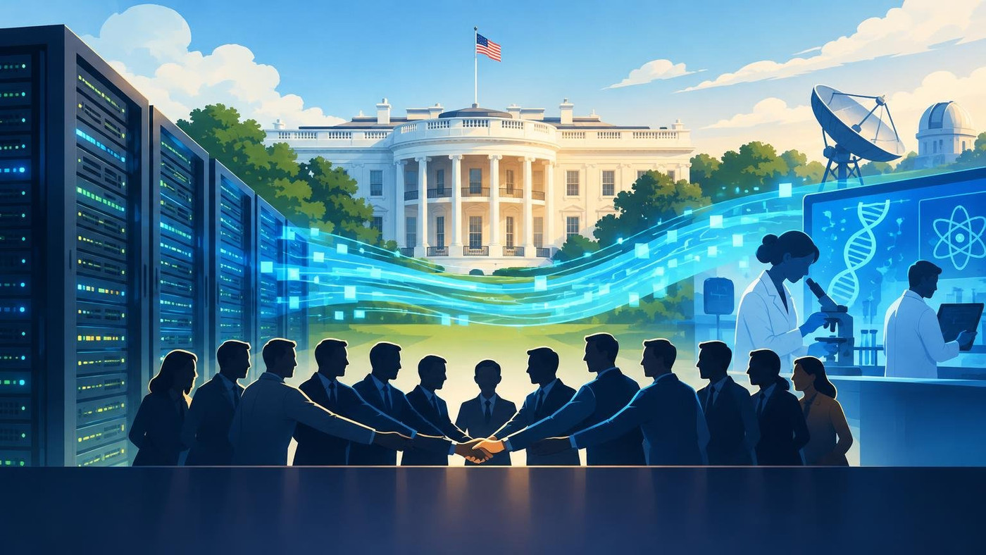 AI-generated illustration: the story "Nvidia, OpenAI and nine others pledge $2.4 billion in AI compute for US science"