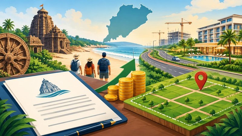 AI-generated illustration: the story "Odisha Tourism Policy 2026: ₹1,500 Crore Infrastructure Push and 5,500-Acre Land Bank"