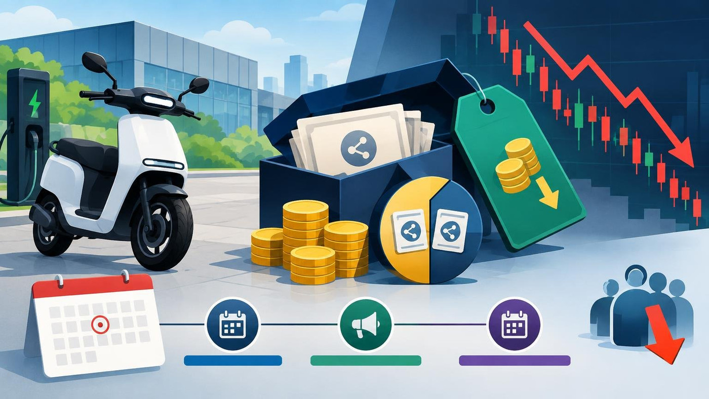 AI-generated illustration: the story "Ola Electric sets Rs 1,000 crore rights issue at Rs 27, a 26% discount"