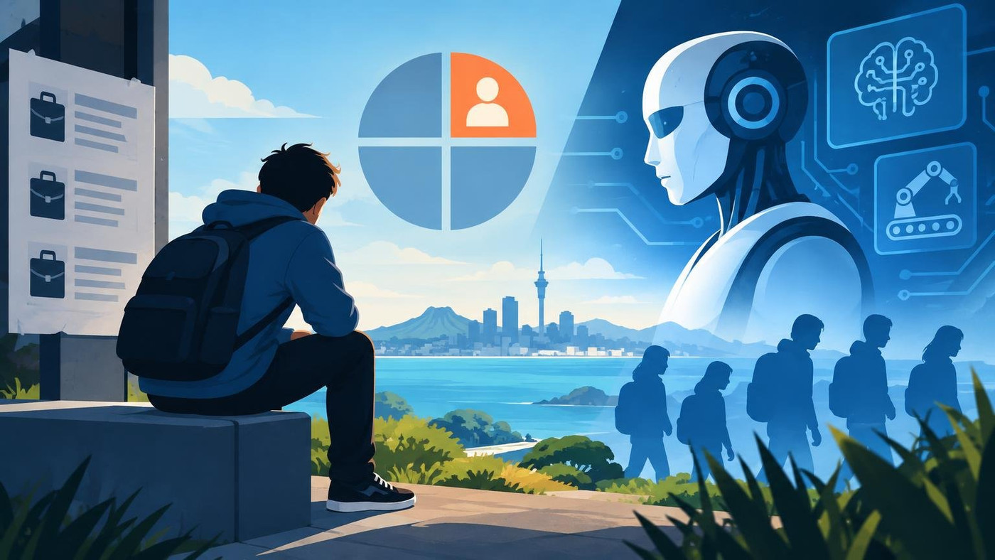 AI-generated illustration: the story "One in four New Zealand teens seeking work is jobless; think tank warns of AI shift"