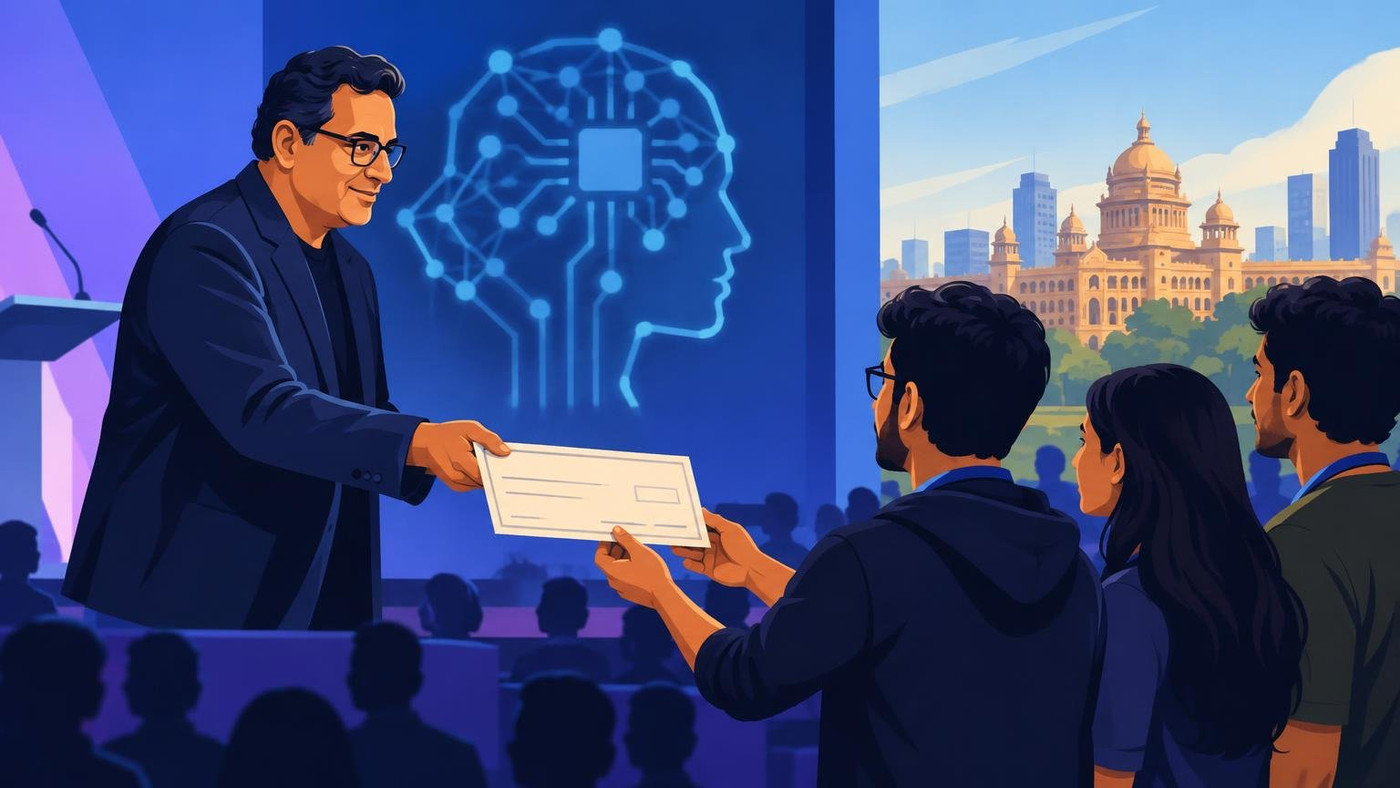AI-generated illustration: the story "Paytm's Vijay Shekhar Sharma Offers ₹1-2 Crore Personal Cheques to AI Model Builders"