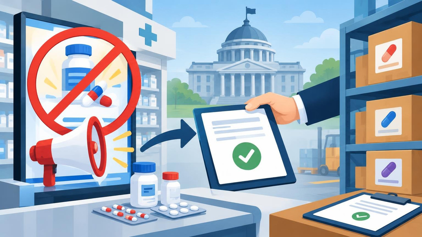 AI-generated illustration: the story "Pharmacies may need government nod to advertise prescription drugs, draft rule says"