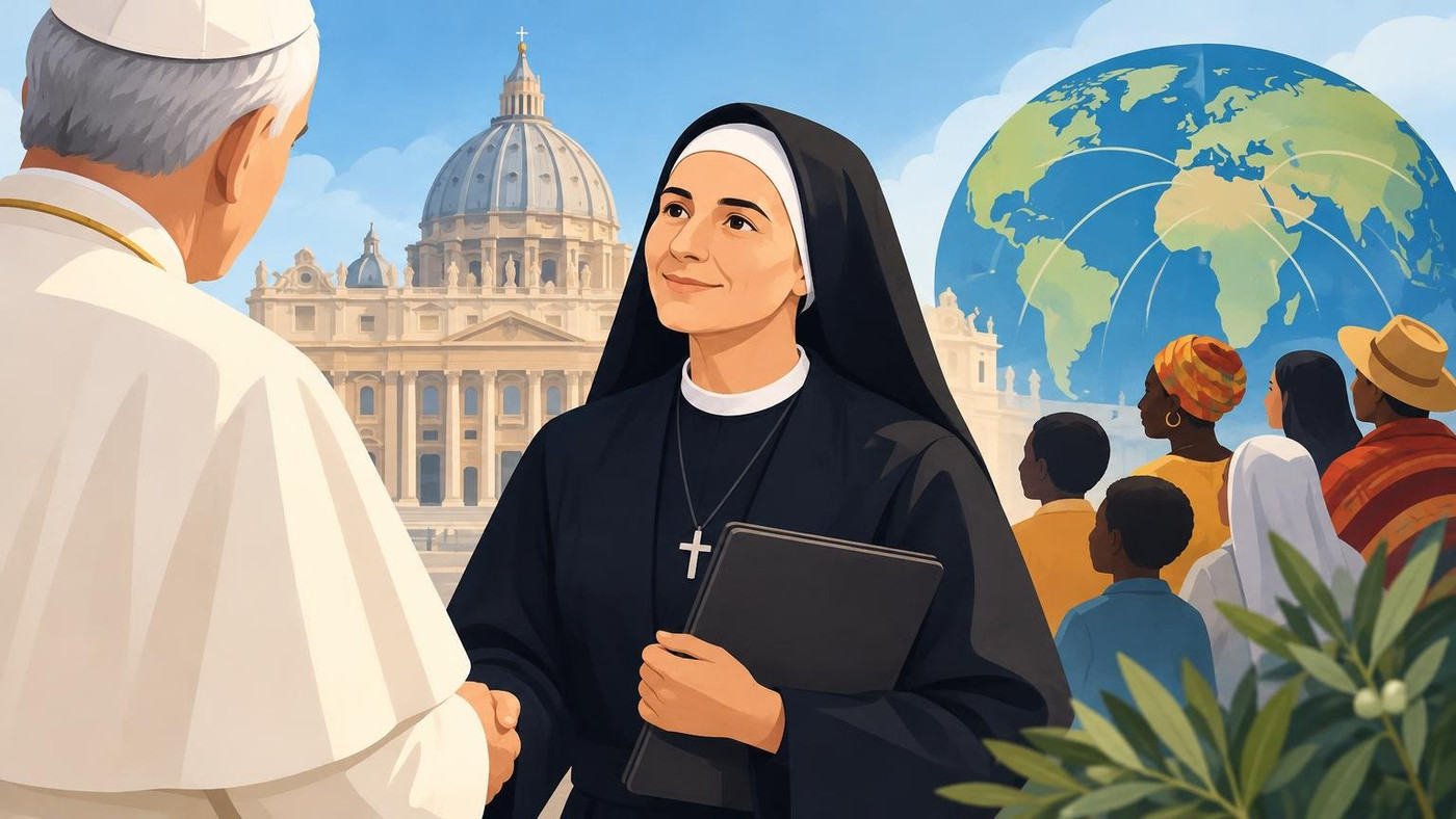 AI-generated illustration: the story "Pope names Irish nun Mary Teresa Barron first woman to lead Pontifical Mission Societies"