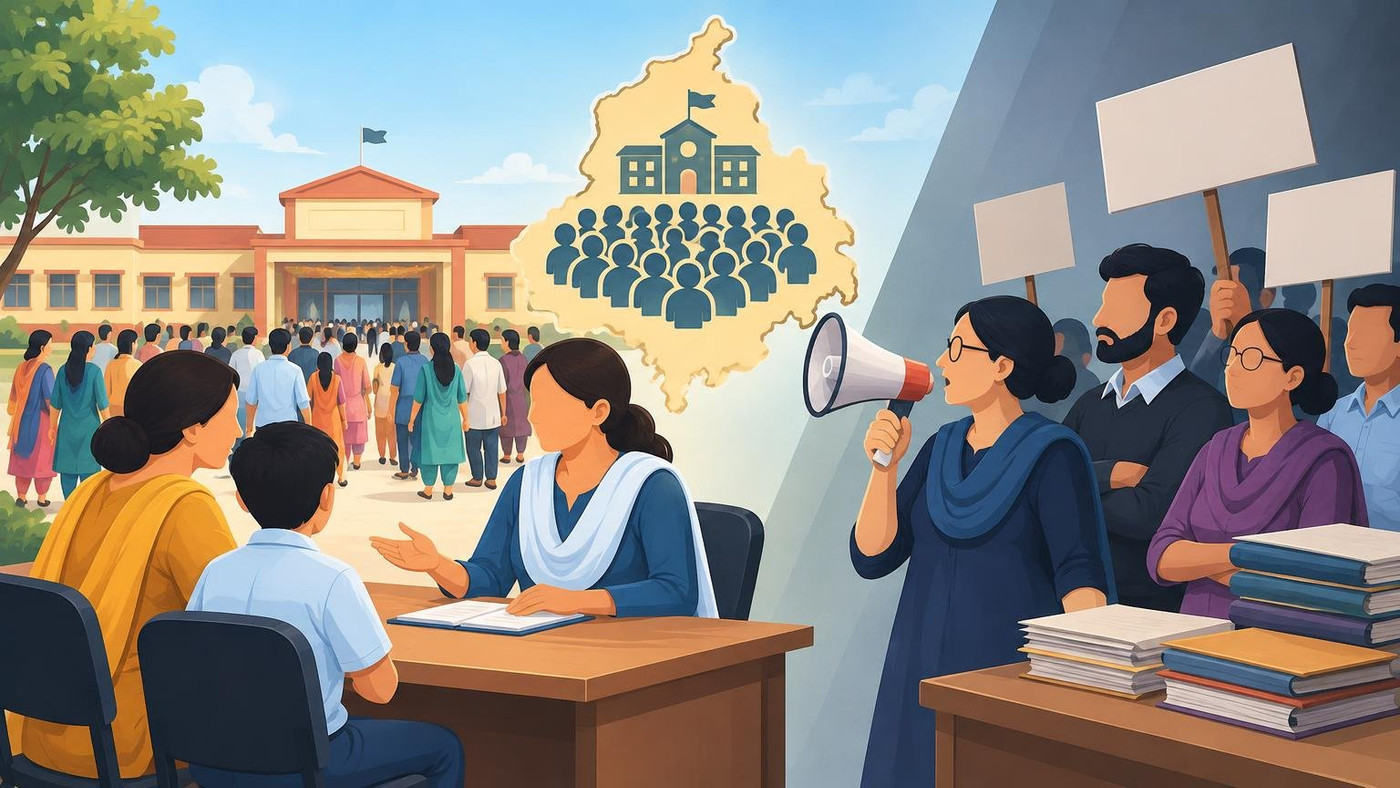 AI-generated illustration: the story "Punjab says 21 lakh parents attended mega PTM; teachers object to scheme promotion"