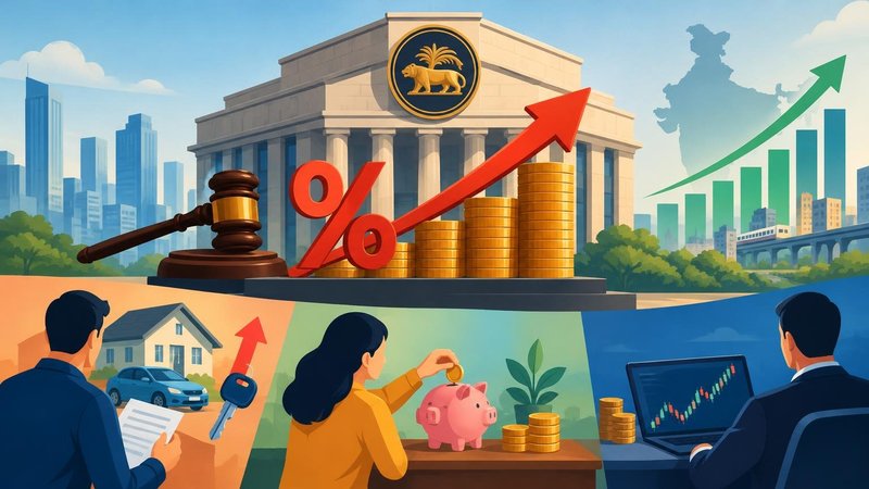 AI-generated illustration: the story "RBI Hikes Repo Rate to 5.50%, Raises FY27 GDP Forecast to 7.1%"