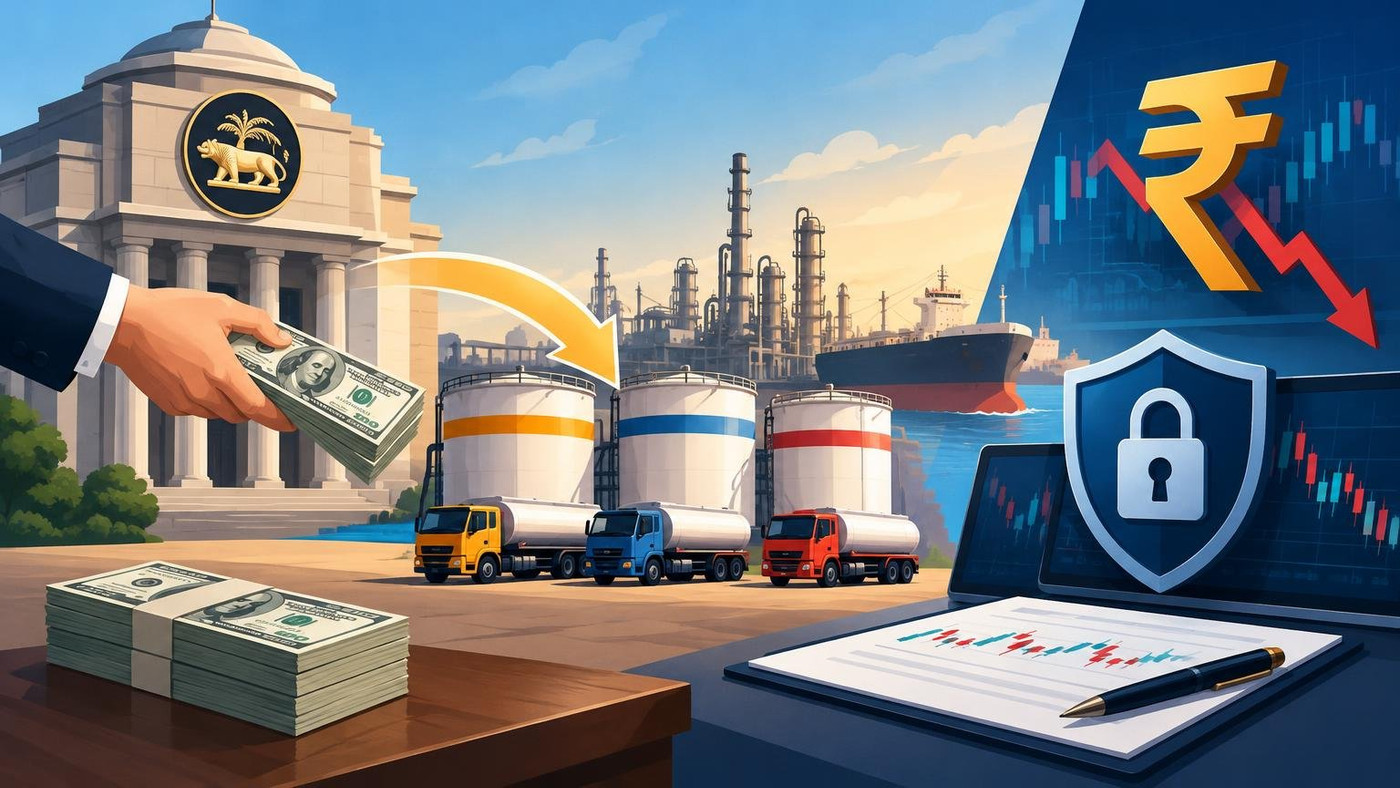 AI-generated illustration: the story "RBI opens dollar window for oil firms from Oct 12, tightens forex derivative rules"