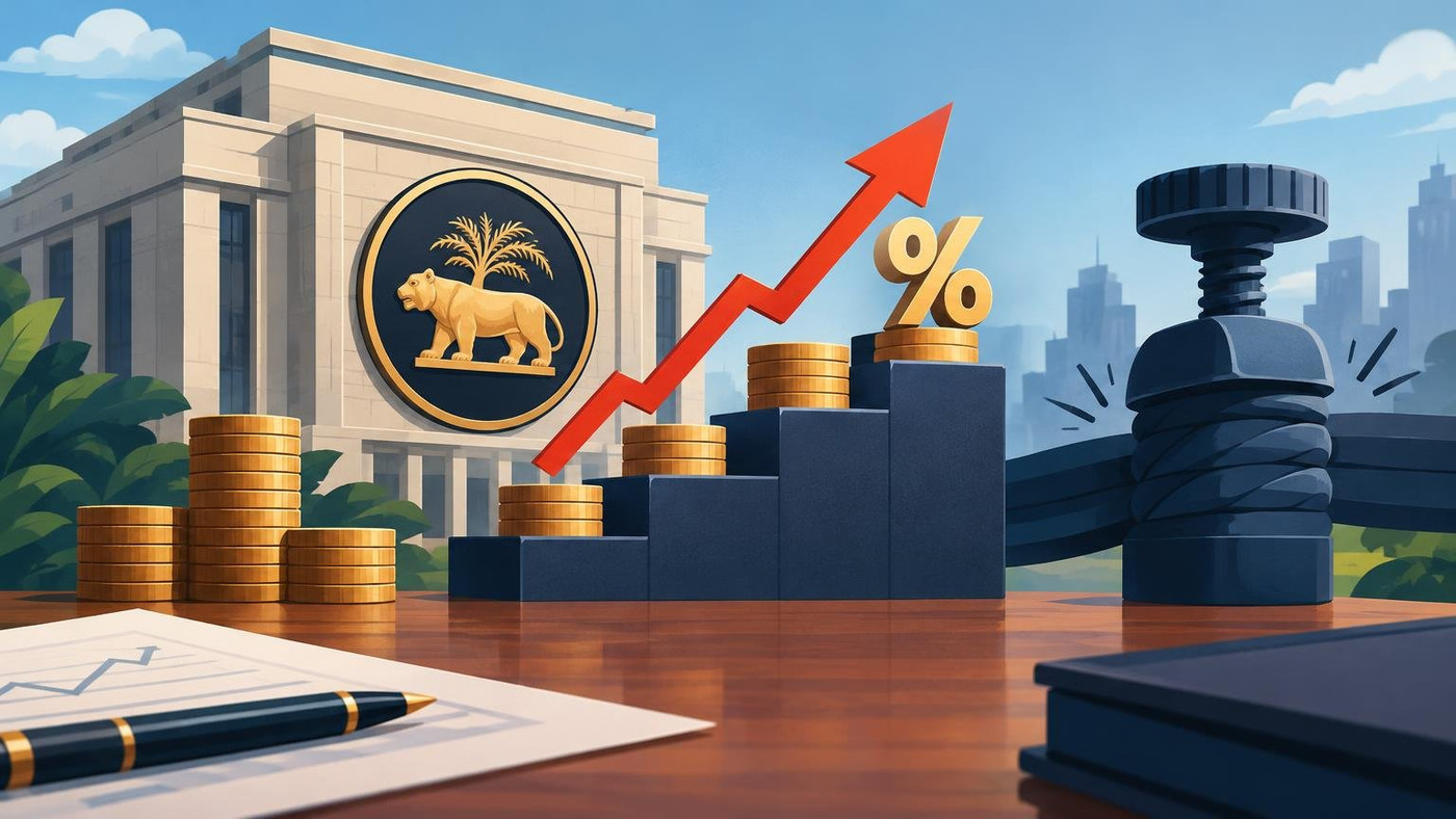 AI-generated illustration: the story "RBI raises repo rate 25 bps to 5.50%, turns to tightening stance"