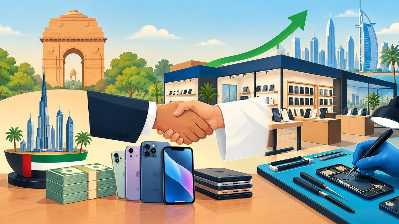 AI-generated illustration: the story "ReFit Global raises $1 million from UAE family office to grow refurbished phone retail"