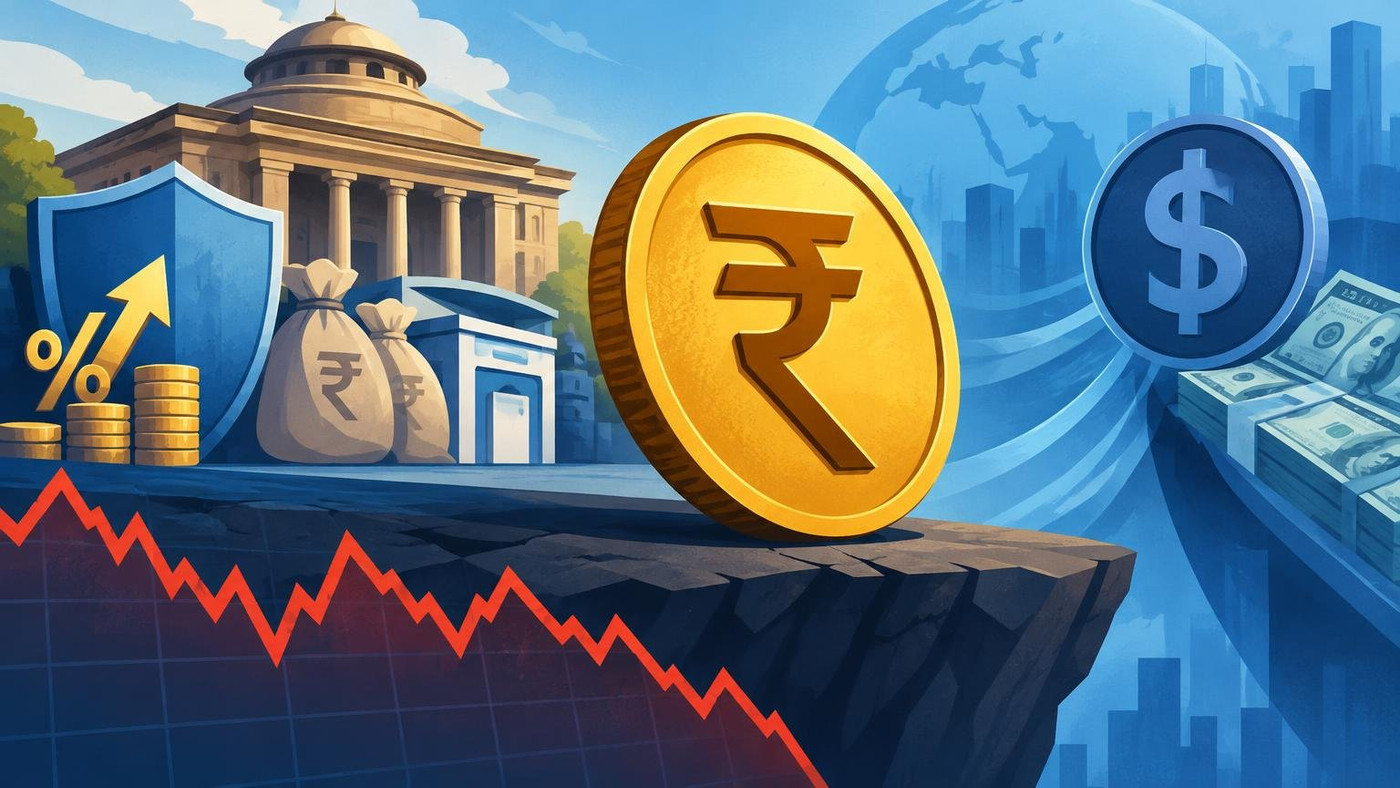 AI-generated illustration: the story "Rupee hovers near record low of 96.97 as RBI's defences come under strain"