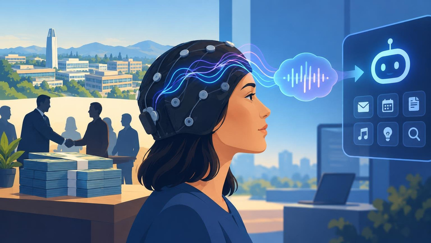 AI-generated illustration: the story "Sabi raises $50 million seed, led by Khosla, for brain-to-AI interface in a cap"