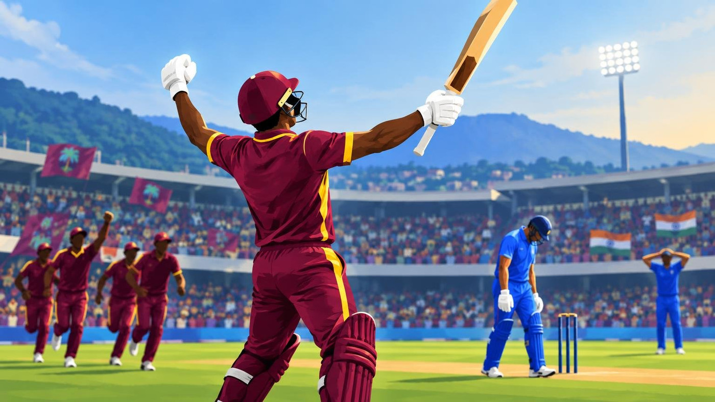 AI-generated illustration: the story "Shai Hope's century helps West Indies chase 250 to beat India in Ranchi T20I"