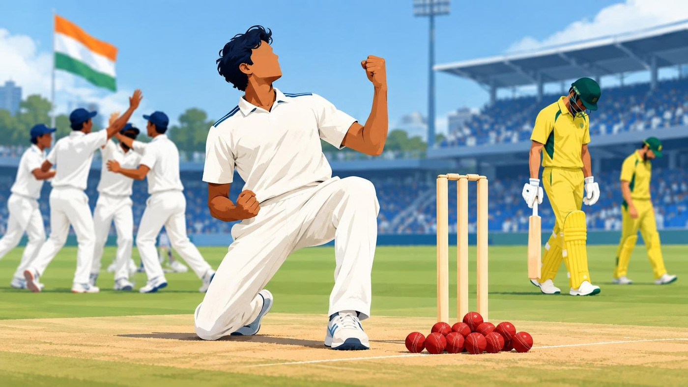 AI-generated illustration: the story "Tanmay Baloda takes 14 wickets as India U-19 sweep Australia in Youth Tests"