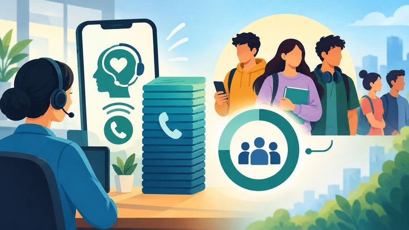 AI-generated illustration: the story "Tele-MANAS crosses 47.7 lakh calls; nearly three in four callers are aged 18 to 45"