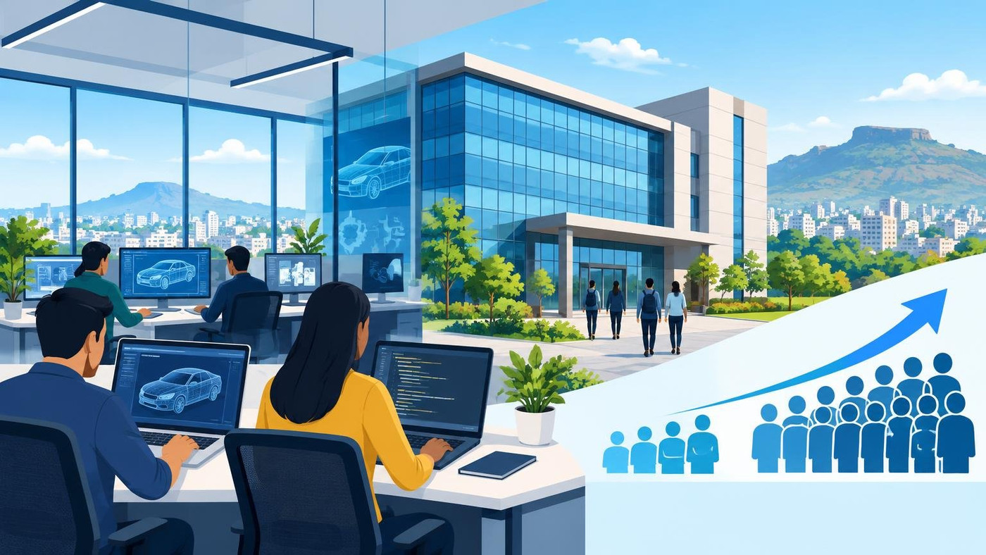 AI-generated illustration: the story "thyssenkrupp opens Pune engineering centre, plans to grow team past 300"