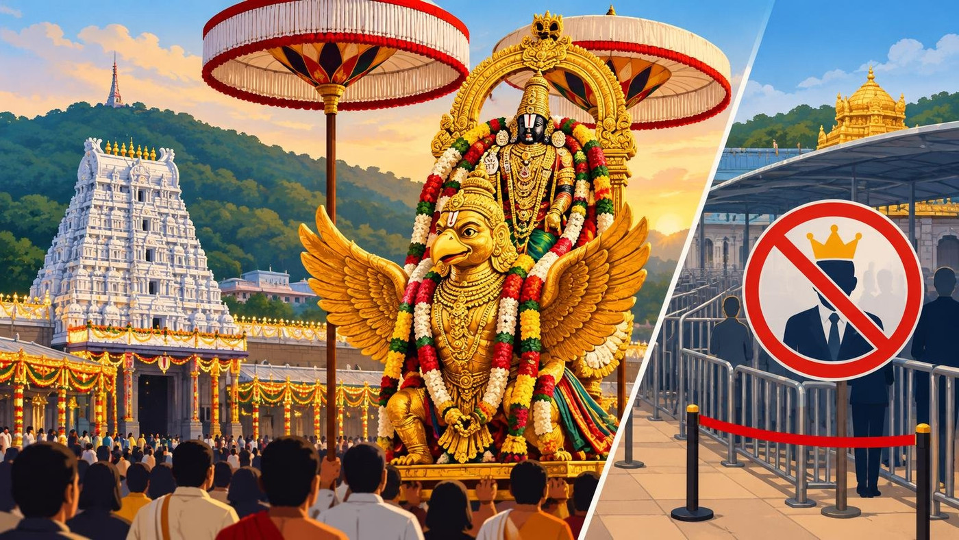 AI-generated illustration: the story "Tirumala Navaratri Brahmotsavams Oct 12-20: Garuda Seva Oct 16, VIP darshans off"