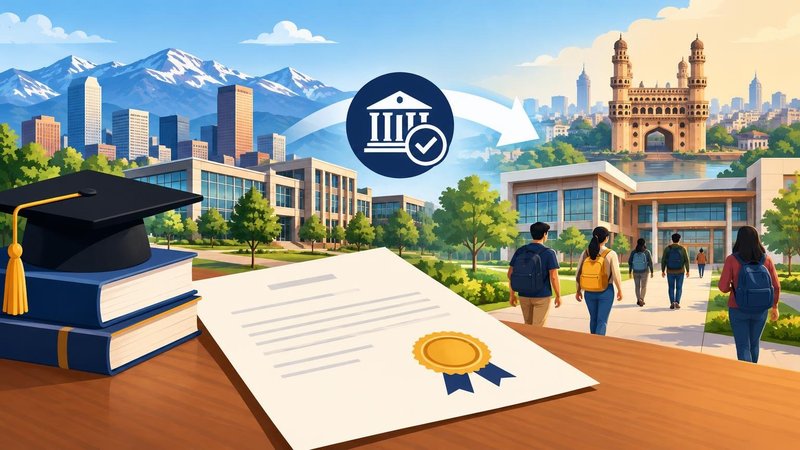 AI-generated illustration: the story "University of Colorado Denver gets UGC nod for Hyderabad campus, intake from 2027"