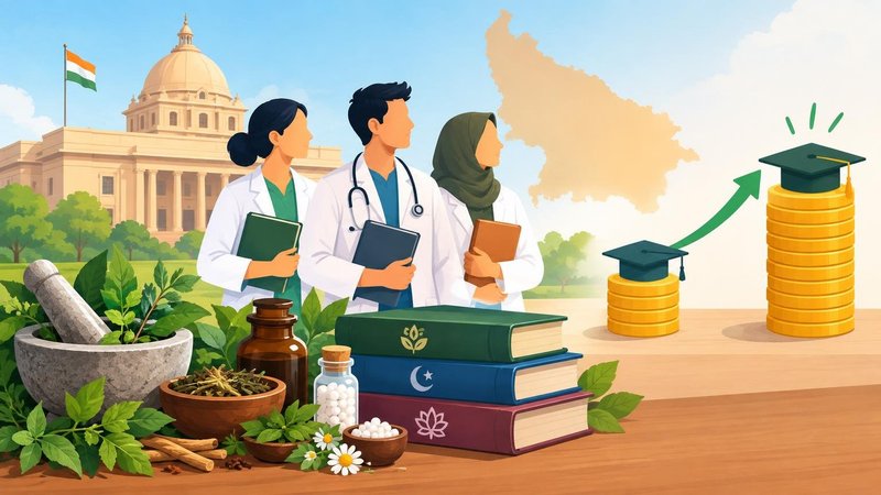 AI-generated illustration: the story "UP doubles stipend for Ayurveda, Unani and Homoeopathy interns to Rs 15,000"