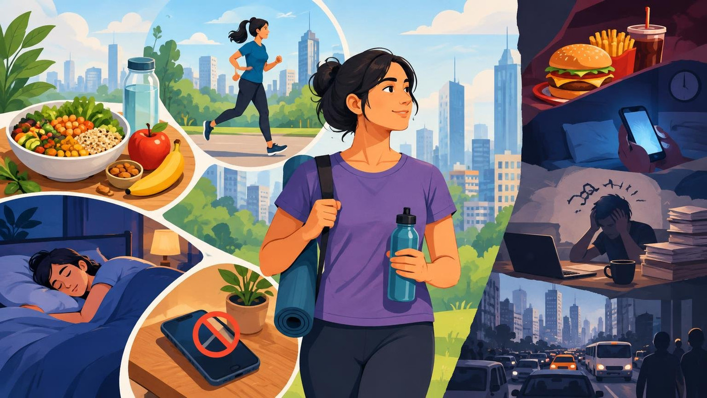 AI-generated illustration: the story "Urban Indian Young Adults Define Healthy Living: Diet, Sleep, Exercise, Less Screen Time"
