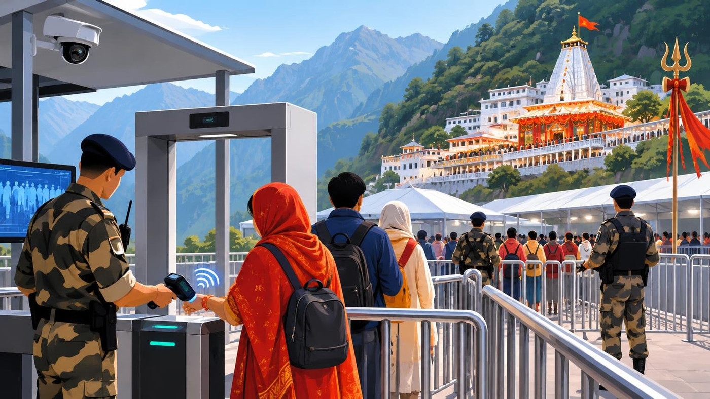 AI-generated illustration: the story "Vaishno Devi gears up for Navratri rush with RFID checks and tighter security"