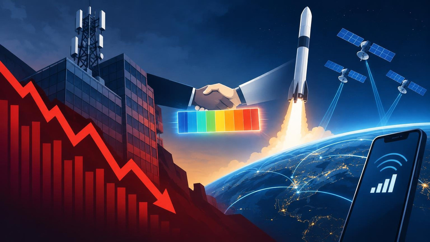 AI-generated illustration: the story "Verizon has worst day since 2002 as SpaceX buys spectrum for Starlink Mobile"