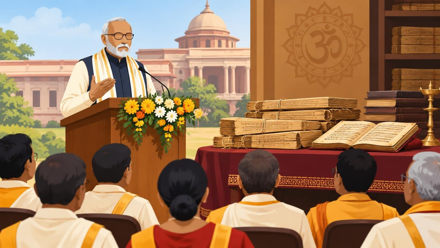 AI-generated illustration: the story "Vice-President urges Sanskrit scholars to edit and publish unpublished manuscripts"