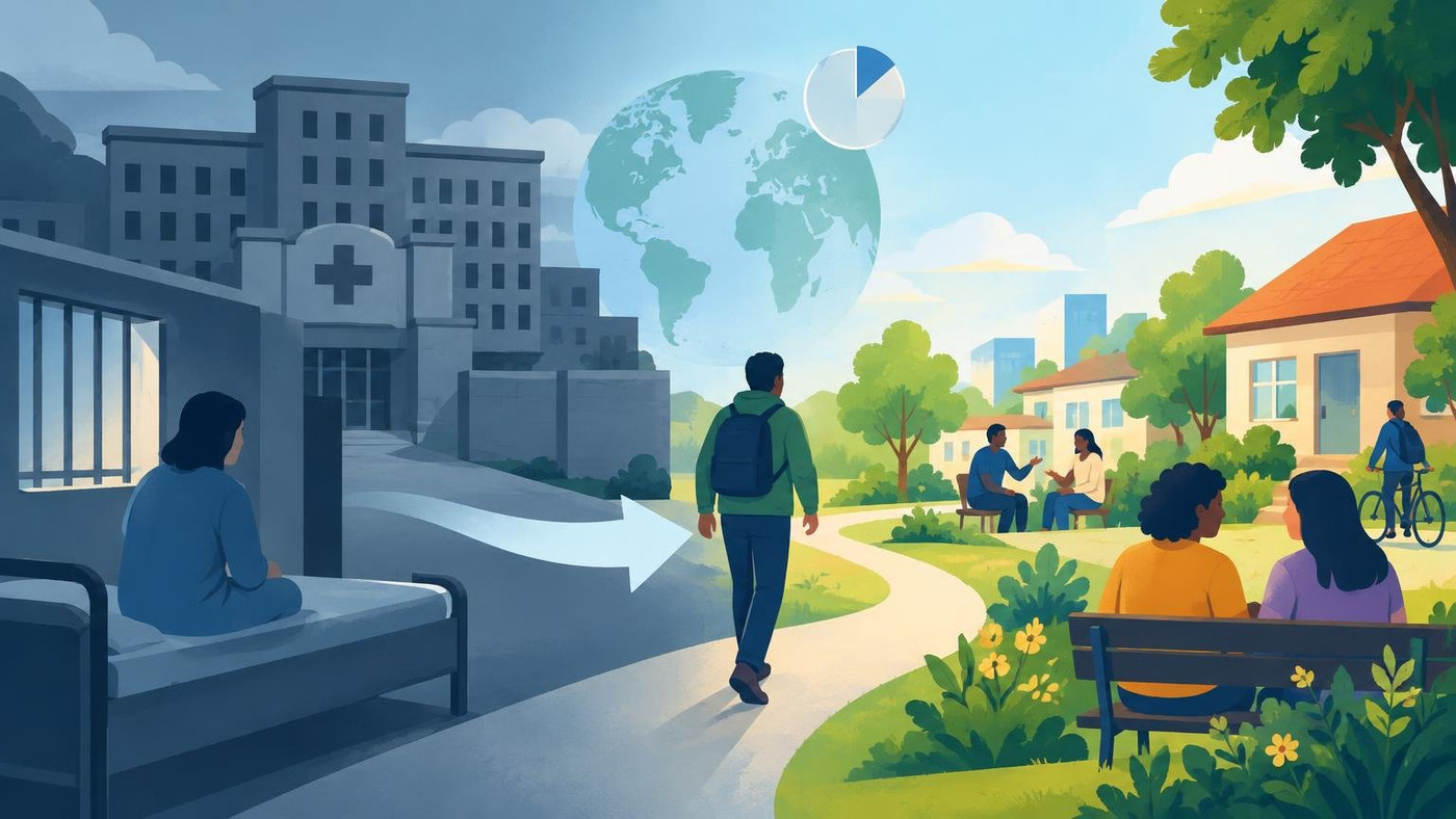 AI-generated illustration: the story "WHO urges shift from psychiatric hospitals to community mental health care"