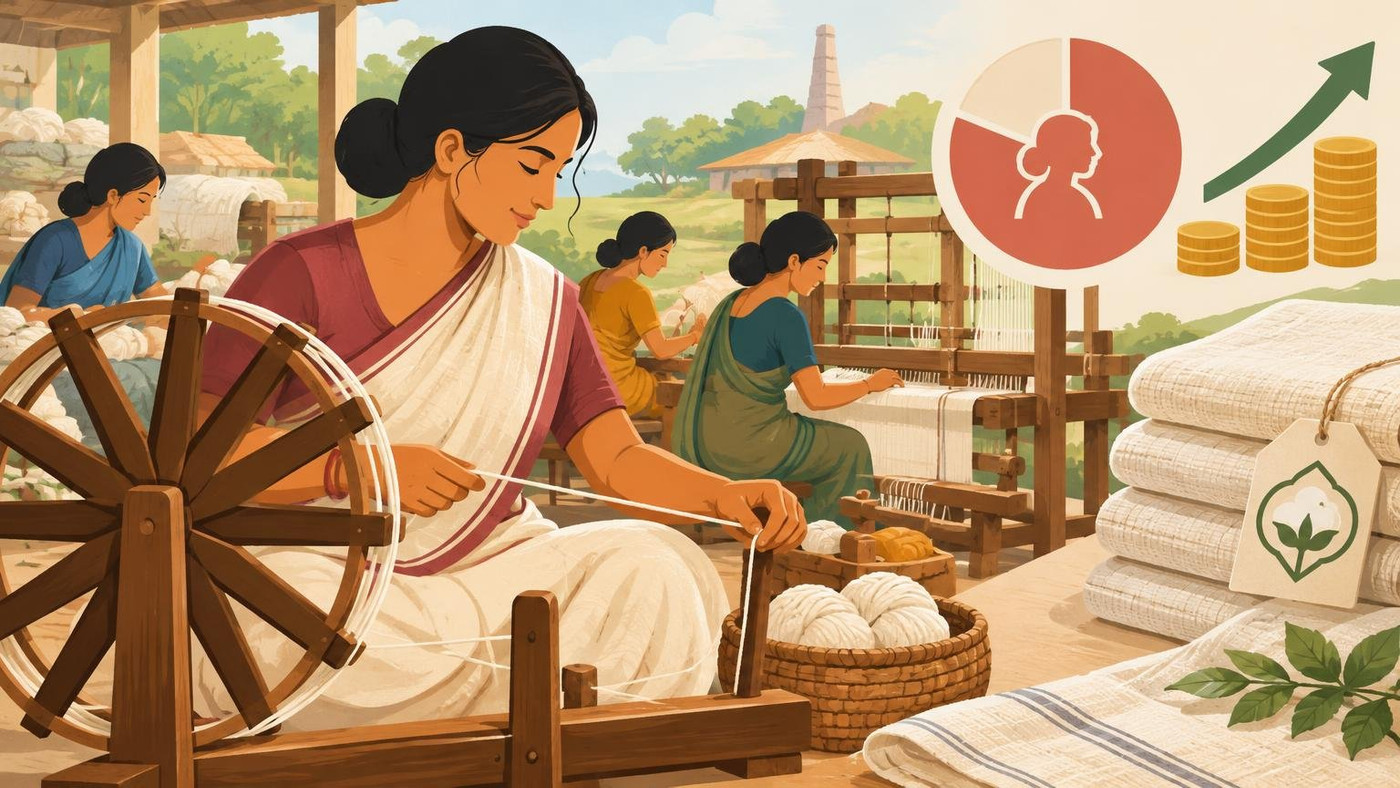AI-generated illustration: the story "Women make up about 80% of India's nearly five lakh Khadi artisans"