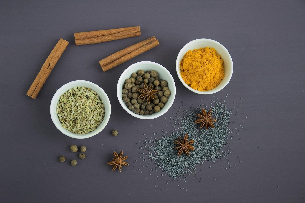 Representative image: ayurvedic herbs spices bowls